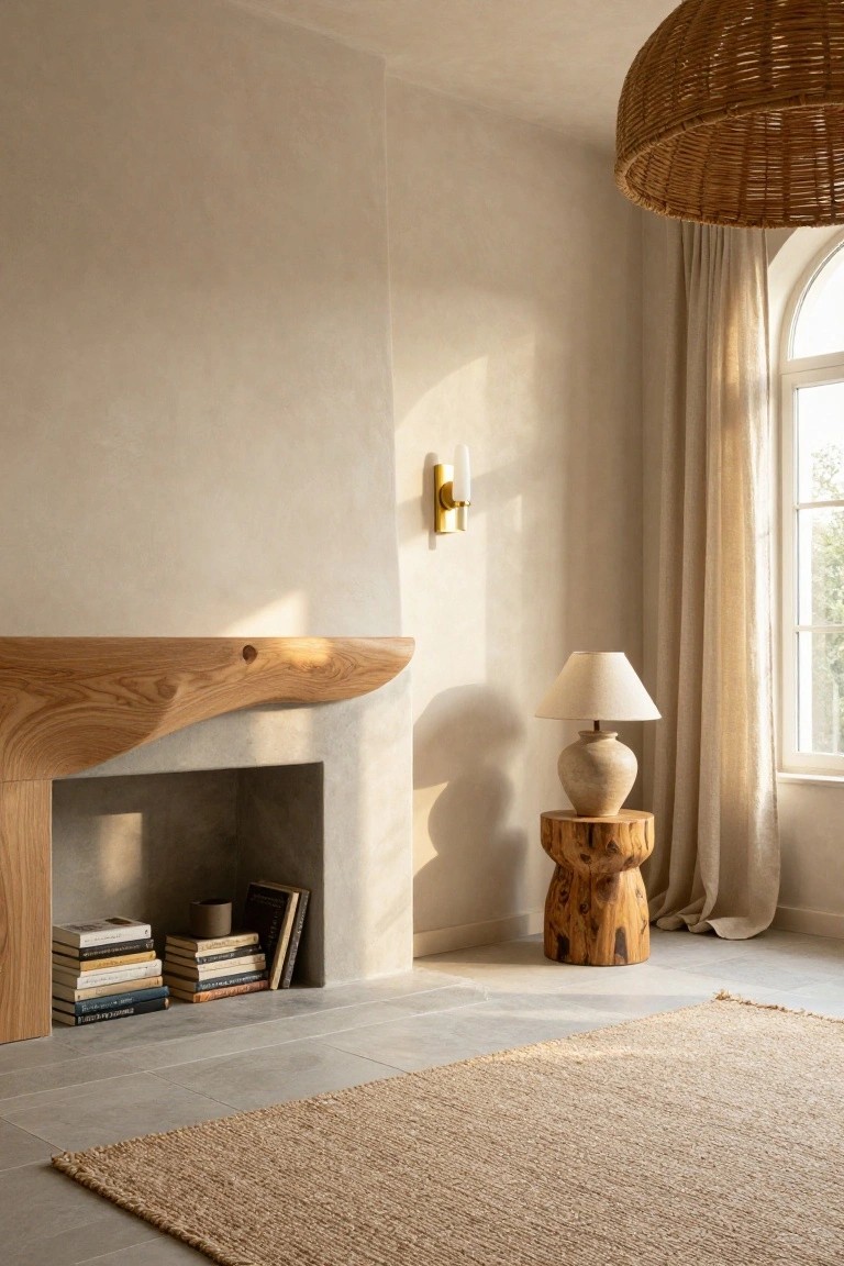 Curved oak wood mantel over a recessed fireplace with stacked books inside, beside a tree stump stool holding a lamp with beige shade, neutral plaster walls, arched window with beige curtains, and seagrass rug on tiled floor.