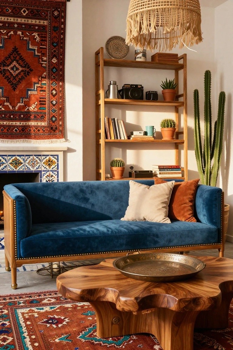 A blue tufted velvet sofa in a sunlit living room with wooden bookshelves holding books, cameras, potted succulents and cacti, colorful woven rugs, tiled fireplace, brass tray on wood coffee table, and rattan pendant light.