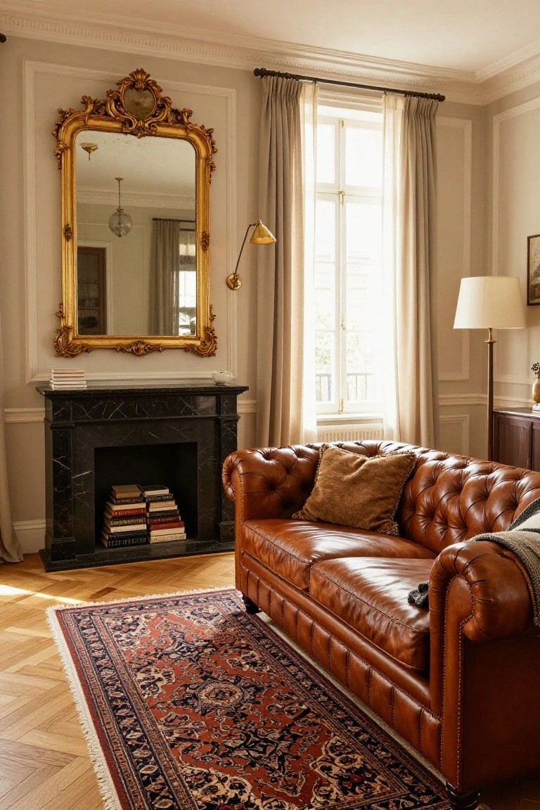 Tan tufted leather Chesterfield sofa with brown pillow and gray throw on a red and blue Persian rug in front of a black marble fireplace, next to a gold gilt mirror and lamp in a beige-walled room with window and sheer curtains.