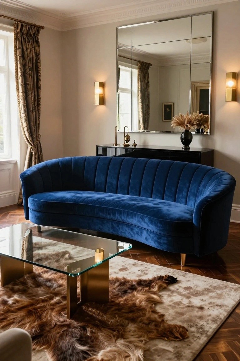Living room with a large curved navy blue tufted velvet sofa, glass-topped gold coffee table on a light shag rug with fur accents, black sideboard, large grid mirror on wall, and wall sconces.