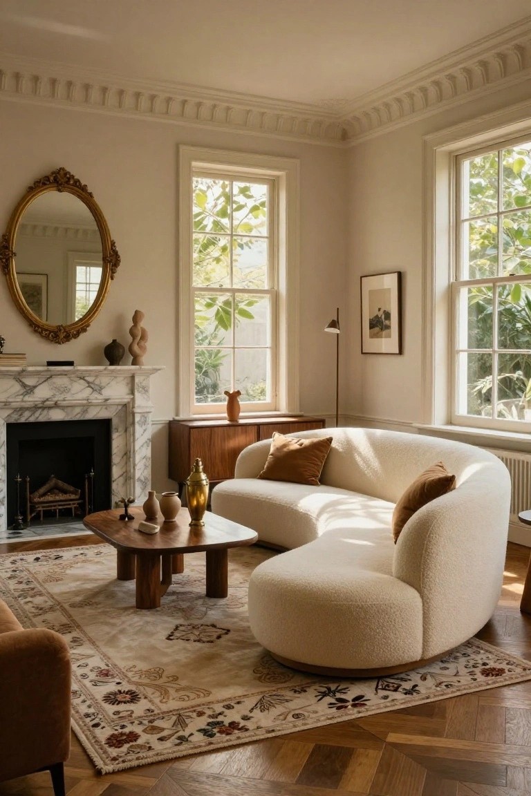 A sunlit living room corner with a large curved white plush sofa, marble fireplace, wooden coffee table, gold mirror, and tall windows overlooking greenery.