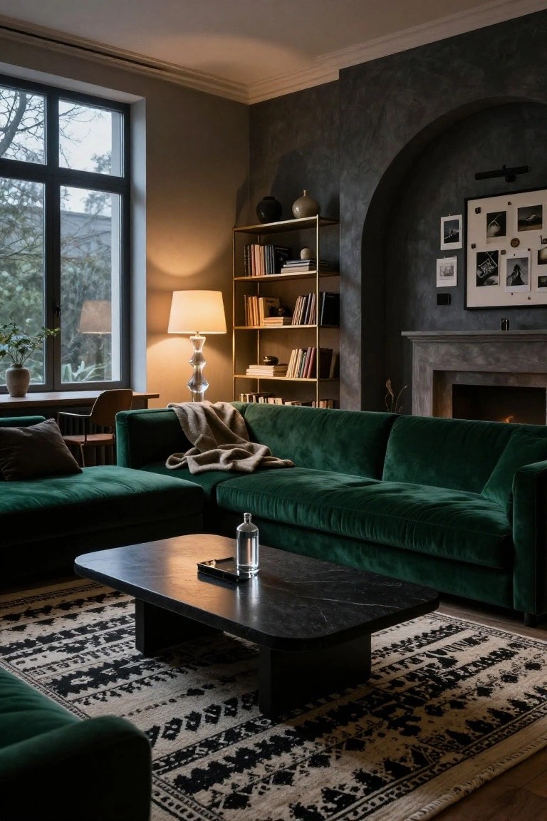 Living room interior with L-shaped emerald green velvet sofa, black marble coffee table on black-and-white patterned rug, gold metal bookshelves filled with books, floor lamp, potted plant, and fireplace against textured gray walls and large window.