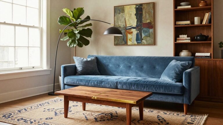 24 Creative Luxury Sofa Inspiration To Refresh Your Living Room A living room with a deep blue velvet sofa, wooden coffee table, bookshelves, potted fiddle leaf fig plant next to a window, brass lamp, and abstract painting on the wall.