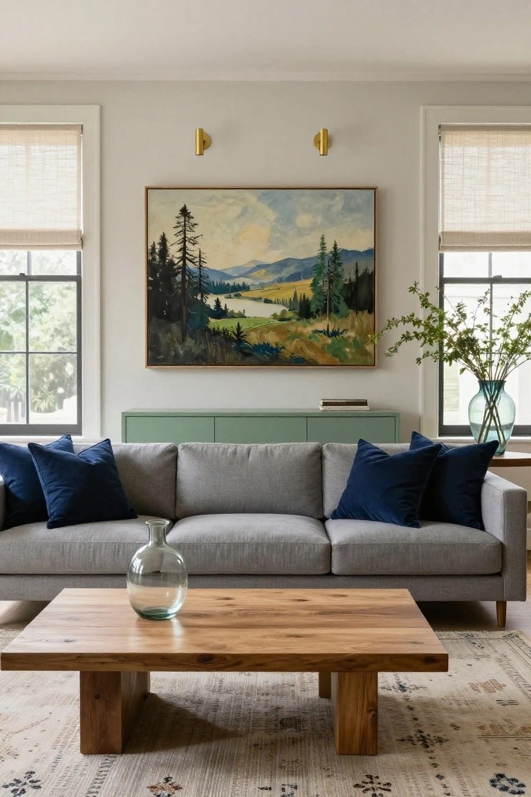 Light gray L-shaped sofa with multiple navy blue pillows in a living room, low wooden coffee table, sage green credenza, large framed landscape painting on wall, and windows with bamboo shades.
