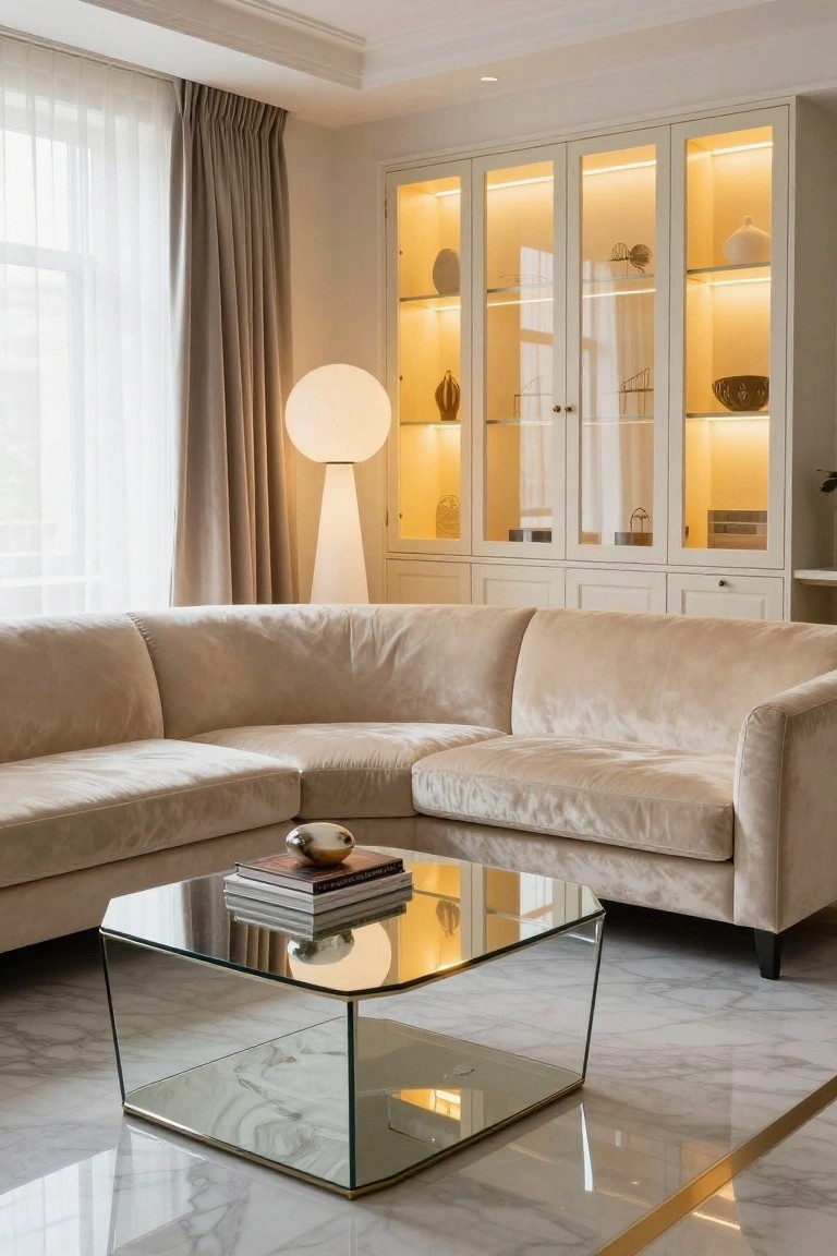 Beige velvet L-shaped sofa in a modern living room with glass coffee table holding books and a sculpture, illuminated white cabinets displaying ceramics, large white globe lamp, sheer curtains on windows, and polished marble floor.