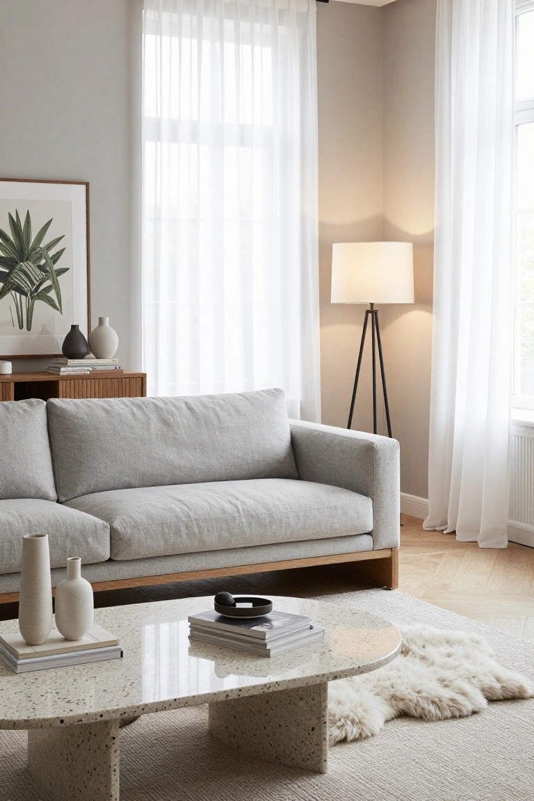 Modern living room corner with light gray fabric sofa on wooden frame, white terrazzo coffee table holding books and white vases, fluffy white sheepskin rug, wooden credenza with ceramics and art print, black metal floor lamp, and sheer white curtains on large windows.