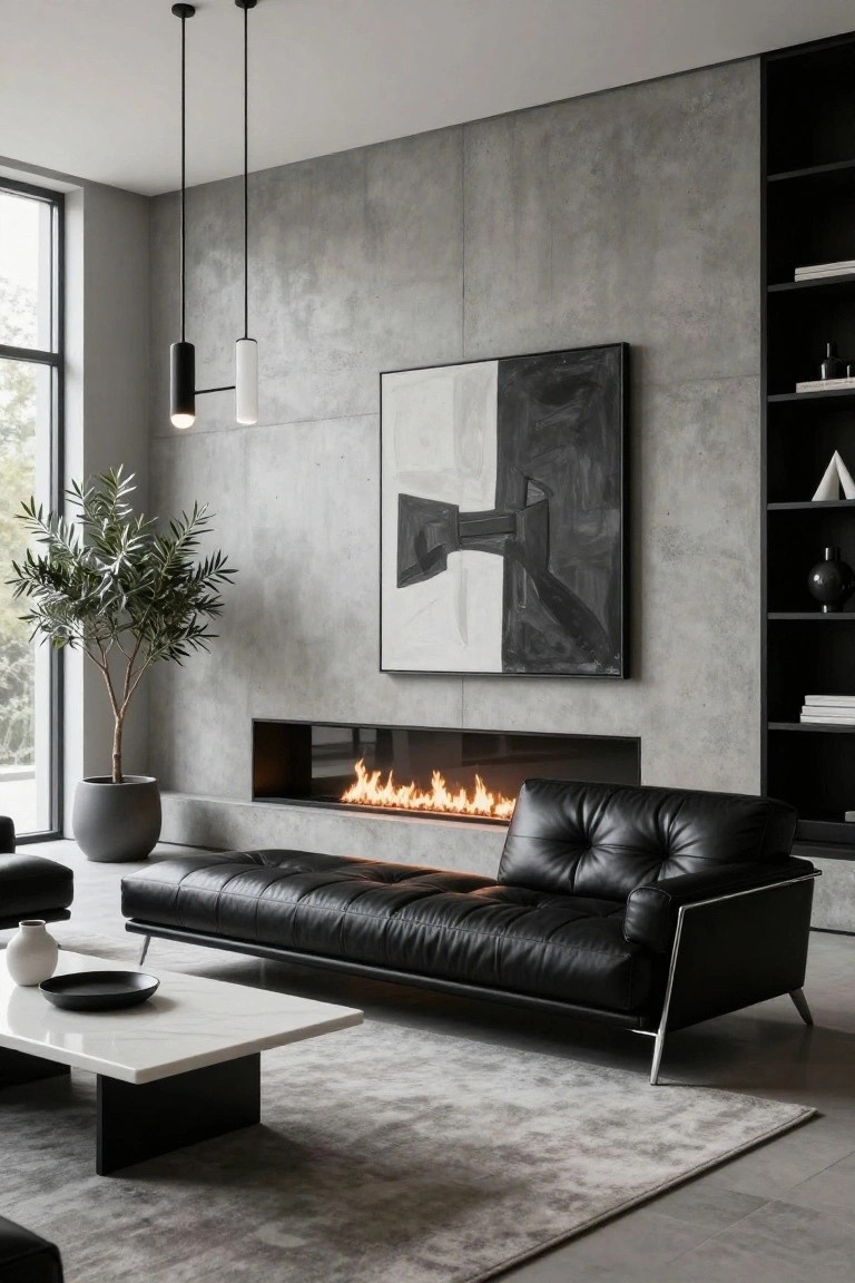 Long Black Leather Sofa by Linear Fireplace