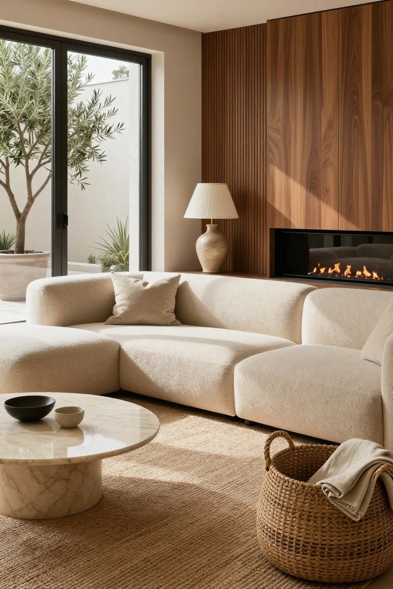 Modern living room with large curved white bouclé L-shaped sofa facing linear gas fireplace on wooden slat wall, marble coffee table, beige vase lamp, glass doors to courtyard with olive tree and plants.