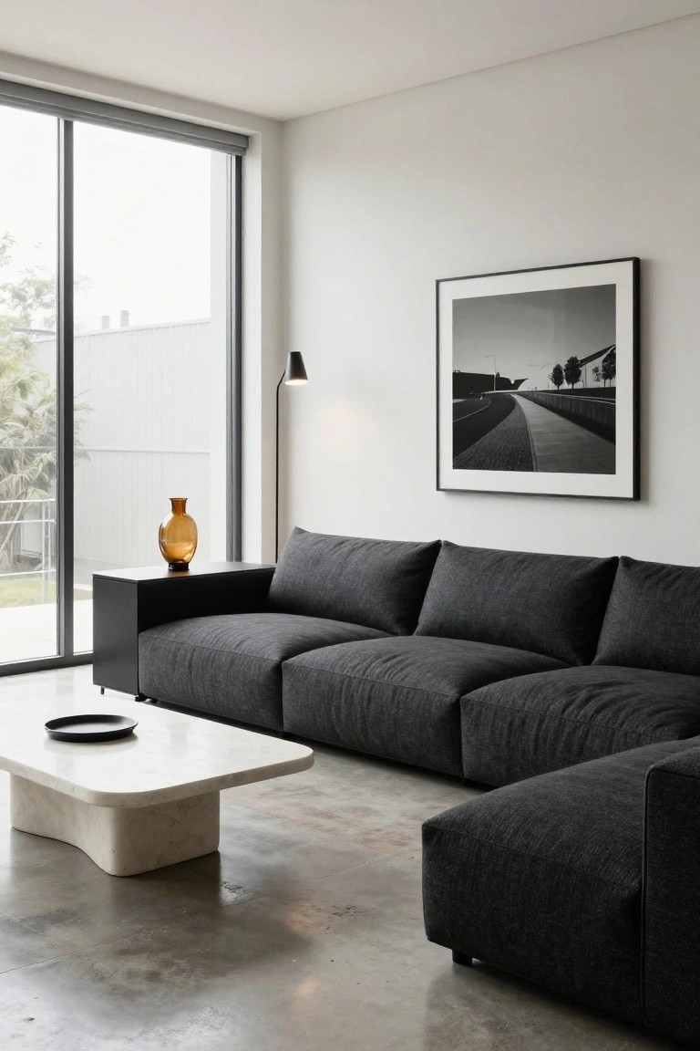 Modern living room interior with large dark gray L-shaped modular sofa, white marble coffee table, black side table holding orange vase, black floor lamp, black-framed black-and-white photograph on white wall, sliding glass doors, and polished concrete floor.
