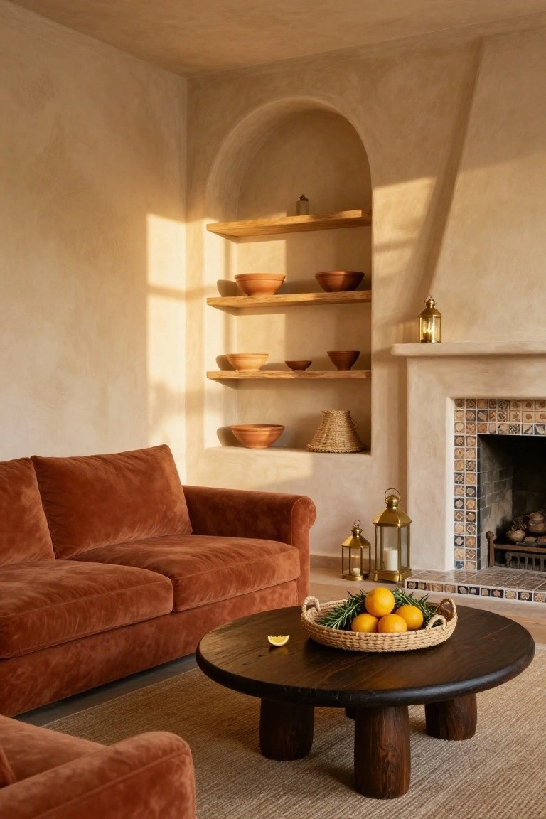 Rust-colored velvet L-shaped sofa in a beige-walled living room with wooden shelves holding terracotta bowls, dark wooden coffee table topped with oranges in a basket, and a fireplace with colorful tiles.