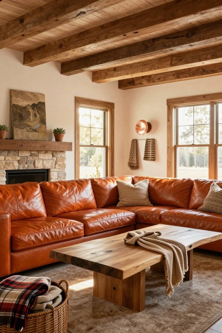 Living room with burnt orange leather L-shaped sectional sofa facing a stone fireplace, under wooden beam ceiling, with wooden coffee table, beige rug, and large windows.