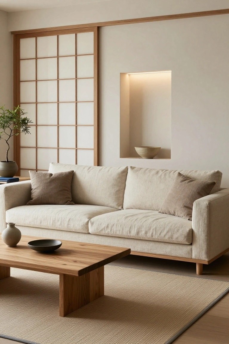 A light beige linen sofa with tan cushions in a minimalist living room featuring shoji sliding doors, wooden coffee table, potted plants, ceramic vases, and a beige seagrass rug on light wood floors.