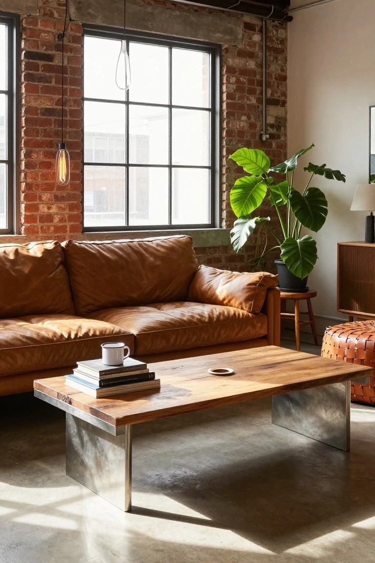 Tan leather sofa in an industrial loft living room with exposed brick walls, large windows, wooden coffee table on metal legs, monstera plant in black pot, and pendant light fixtures.