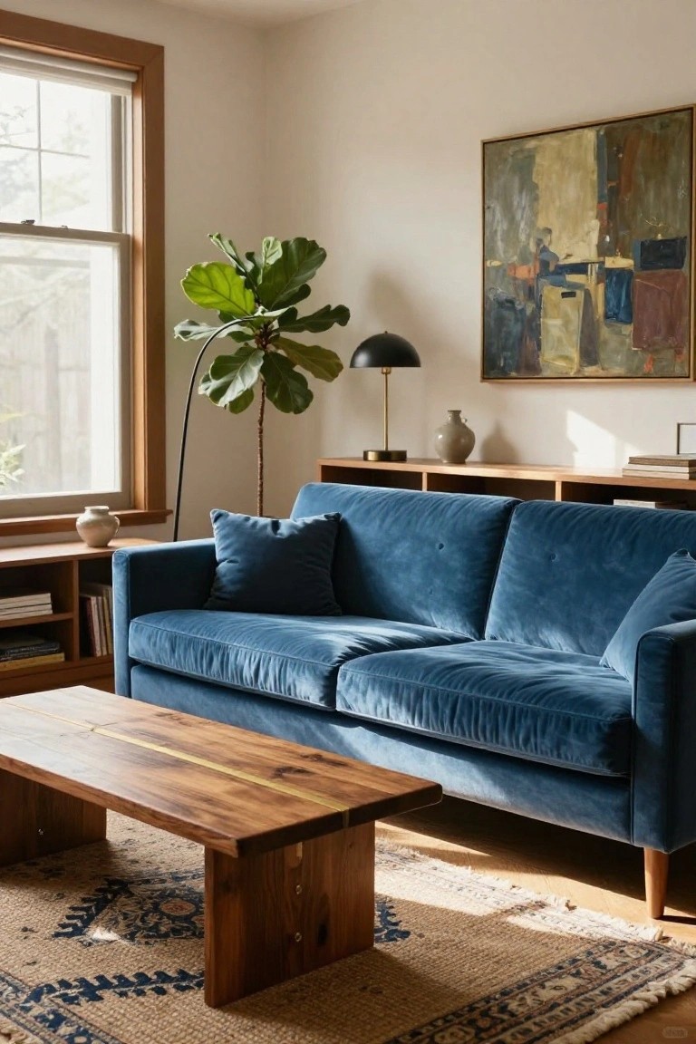 A living room with a deep blue velvet sofa, wooden coffee table, bookshelves, potted fiddle leaf fig plant next to a window, brass lamp, and abstract painting on the wall.