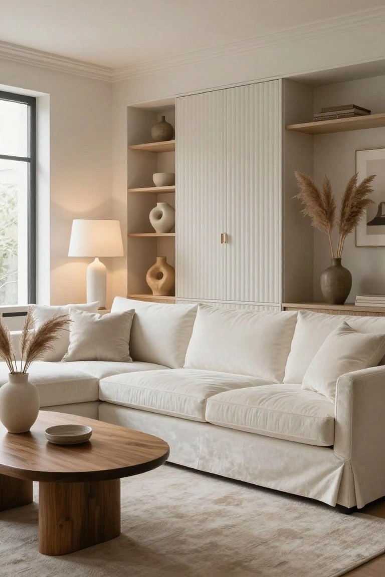 Modern living room with large white slipcovered sectional sofa facing a wooden oval coffee table, built-in white slatted cabinet with shelves holding beige pottery and pampas grass, lamp on floor, and beige rug.