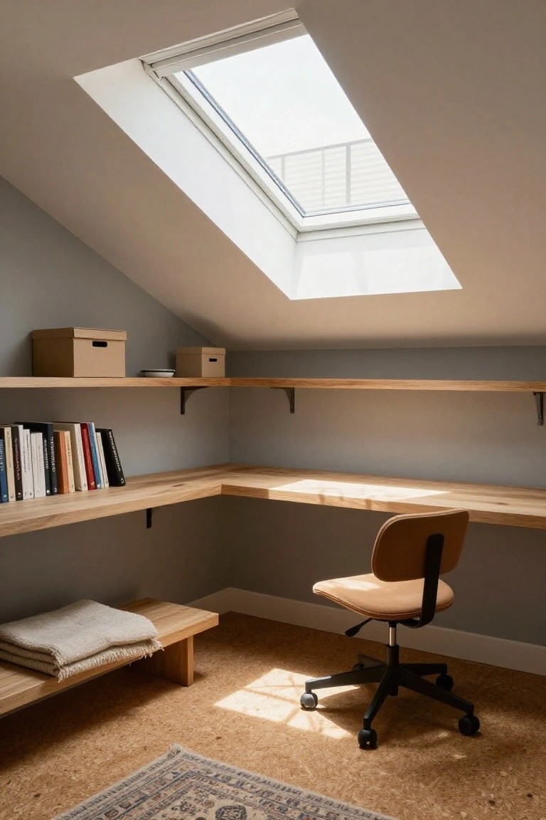 Attic home office corner with L-shaped light wood desk and floating shelves on gray walls under a skylight, tan swivel chair, wooden bench with folded white blanket, cork floor, and blue Persian rug.