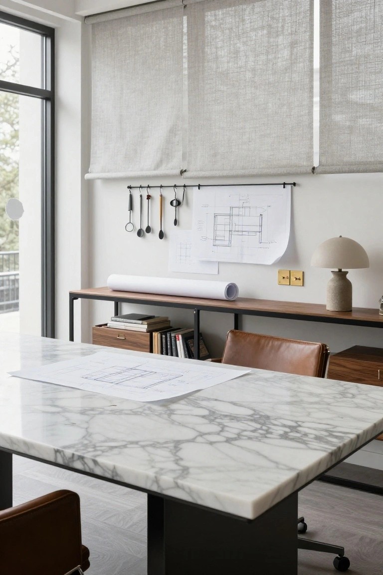 Modern home office featuring a white marble-top desk with blueprints, brown leather chairs, wooden shelving with books, a pinned blueprint and hanging drafting tools on the wall, rolled paper tubes, a beige lamp, and linen roller blinds on corner windows.