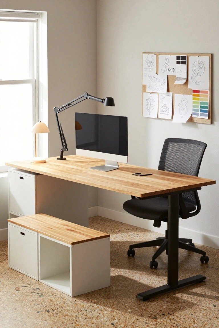 Modern home office with light oak L-shaped desk top over white storage cabinets and bench, black metal desk frame and mesh chair, iMac on desk, adjustable lamp, and corkboard wall with sketches and color swatches.