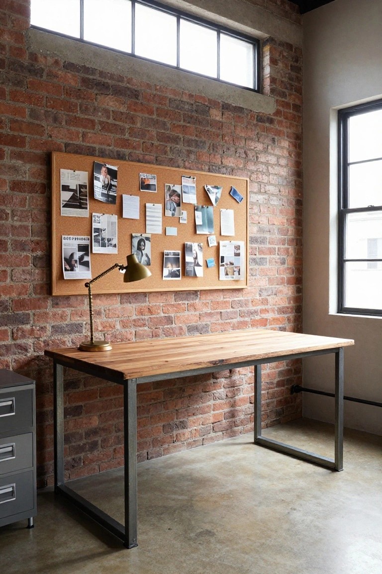 Modern home office interior with exposed red brick walls, large corkboard covered in pinned photos notes and clippings, wooden-top desk on black metal legs, brass adjustable desk lamp, and gray metal filing cabinet on polished concrete floor.