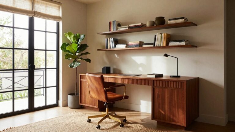 Corner home office with wooden L-shaped desk, brown leather swivel chair on wheels, floating wooden shelves above holding books and potted plants, black desk lamp, sheer window blinds, and view of backyard through black-framed windows.