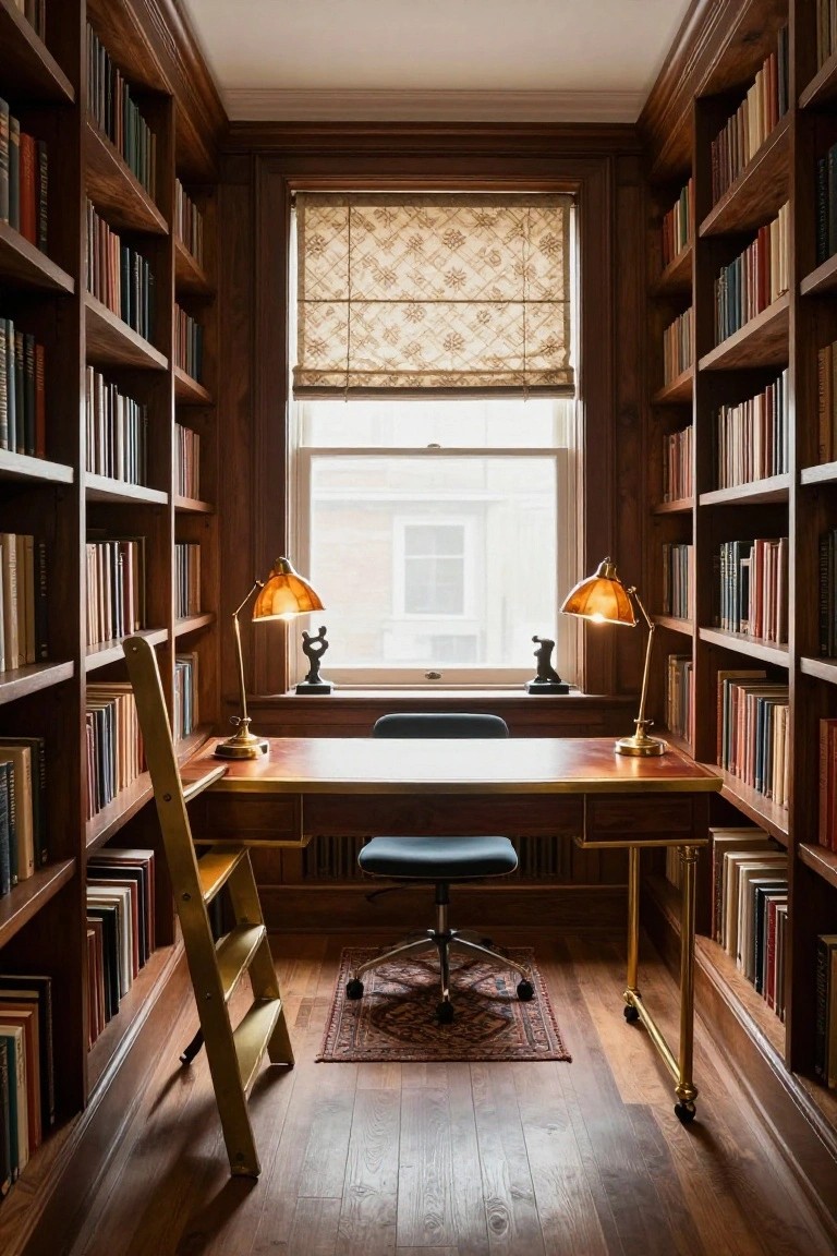 Narrow interior room with dark wood floor-to-ceiling bookshelves on both walls, wooden desk with blue chair and brass lamps in the center, gold rolling ladder nearby, and window with beige roman shade.
