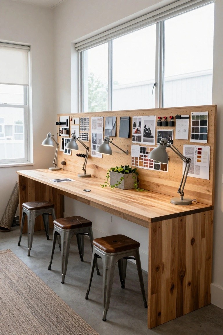 Long wooden workbench desk against a tall pegboard wall covered in pinned design swatches, photos, tools, and adjustable lamps, with metal stools, a potted plant, and large windows in a bright room.