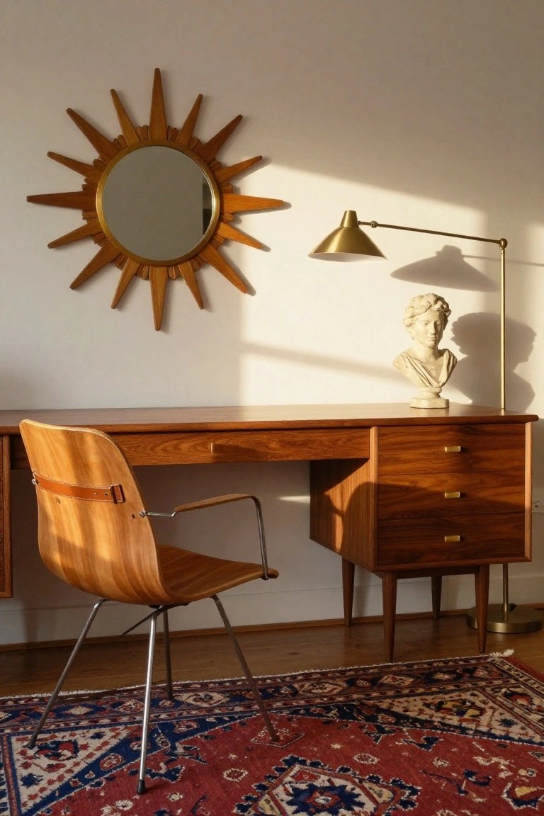 Wooden desk with matching cabinet drawers and leather chair in a sunlit room with sunburst mirror, brass lamp, plaster bust on white wall, and patterned rug on wood floor.