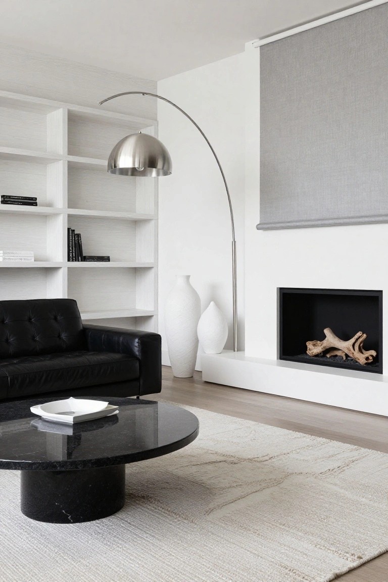 Modern living room featuring white oak bookshelves with books, a black tufted leather sofa, round black marble pedestal coffee table with a white dish, two white vases, silver arc floor lamp, and built-in fireplace with driftwood.