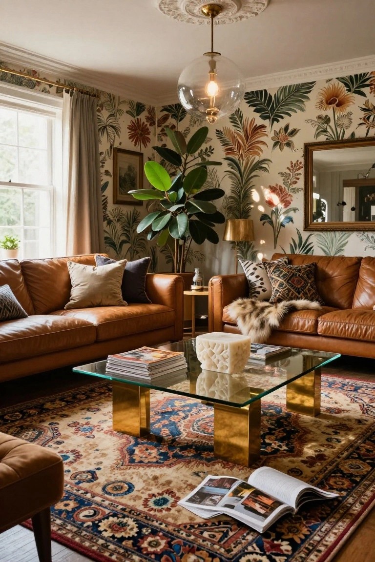 Living room with tan leather sofas and armchair, glass coffee table on brass legs, large potted plant, gold lamp, bold cream wallpaper featuring tropical flowers and leaves, patterned rug, and pendant light.