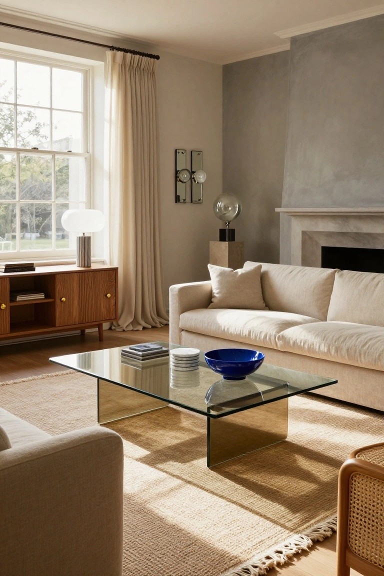 A light-filled living room with a cream-colored sofa, wooden credenza, bronze-framed glass coffee table holding a blue bowl and plates, seagrass rug, sheer curtains on large windows, and a fireplace.