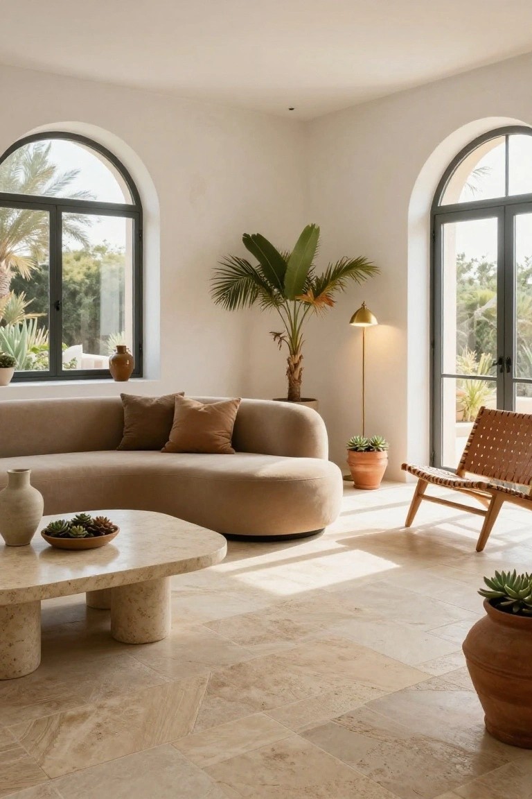 A curved beige sofa sits in a white-walled living room with arched black-framed windows showing palm trees outside, a white travertine coffee table with bulbous legs, potted plants, a leather chair, and beige travertine tile floor.