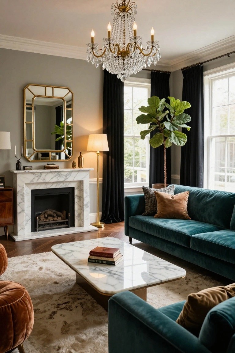 Living room with emerald green velvet L-shaped sofa, white marble fireplace with wood fire, gold chandelier overhead, tall fiddle leaf fig plant by black-curtained windows, gold mirror above mantel, and marble coffee table on wood floor.