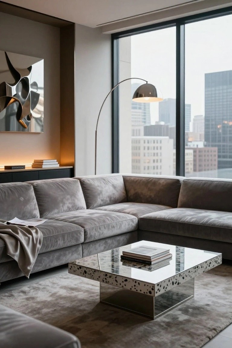 Modern living room featuring a large gray velvet L-shaped sectional sofa, reflective glass coffee table with books, floor lamp, abstract wall art, built-in shelving, and large windows overlooking a city skyline.