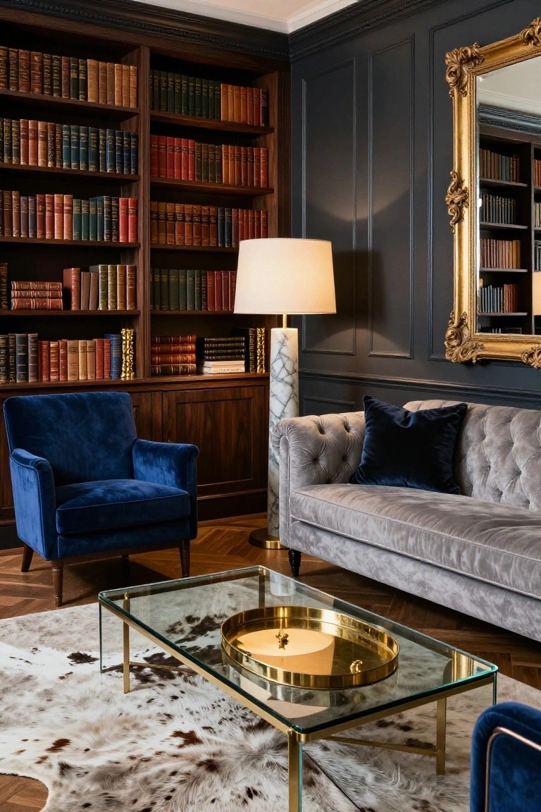 Dark paneled living room with floor-to-ceiling wooden bookshelves filled with leather-bound books, navy velvet armchair, gray velvet tufted sofa, glass coffee table holding brass tray, marble lamp, and large gold-framed mirror.
