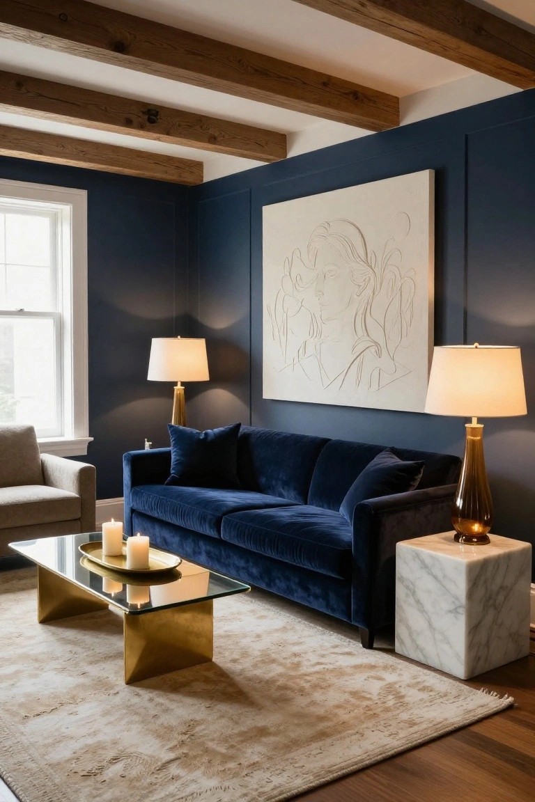 Living room with dark navy paneled walls, exposed wooden ceiling beams, blue velvet L-shaped sofa, gold-legged glass coffee table holding candles on a gold tray, white marble cube side table with amber glass lamp, pair of cream lamps flanking a large white abstract line drawing of a face on the wall, beige armchair, and beige rug on wood floors.
