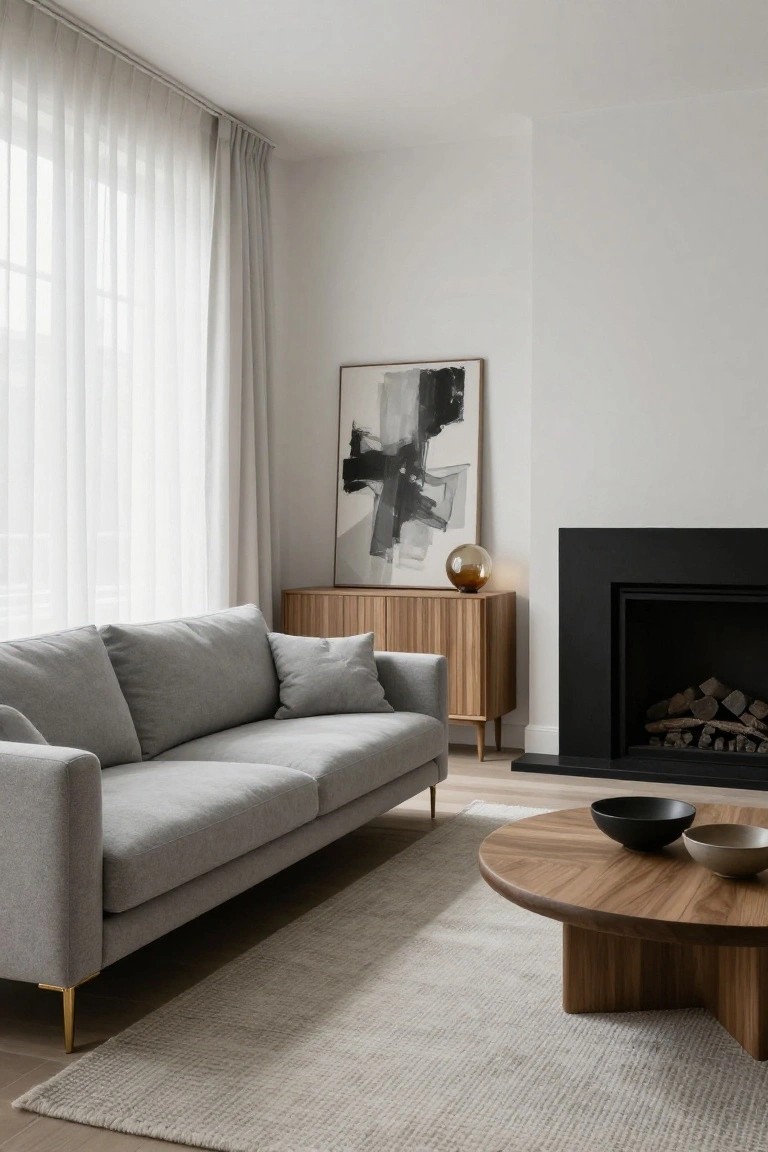 Light gray sofa with brass legs in a modern living room, next to a wooden credenza, black fireplace with stacked logs, round wooden coffee table with black and beige bowls, abstract black and white artwork on white wall, sheer curtains on large windows, light gray rug on light wood floor.