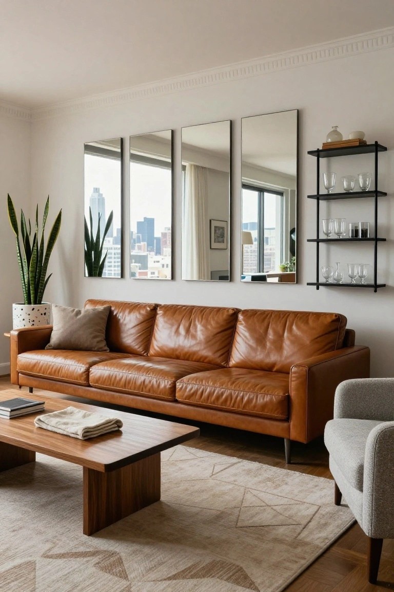 Modern living room with white walls, three tall rectangular mirrors reflecting city skyline through large windows, tan leather sofa, wooden coffee table, beige geometric rug, potted snake plants, gray armchair, and black shelf holding glassware.