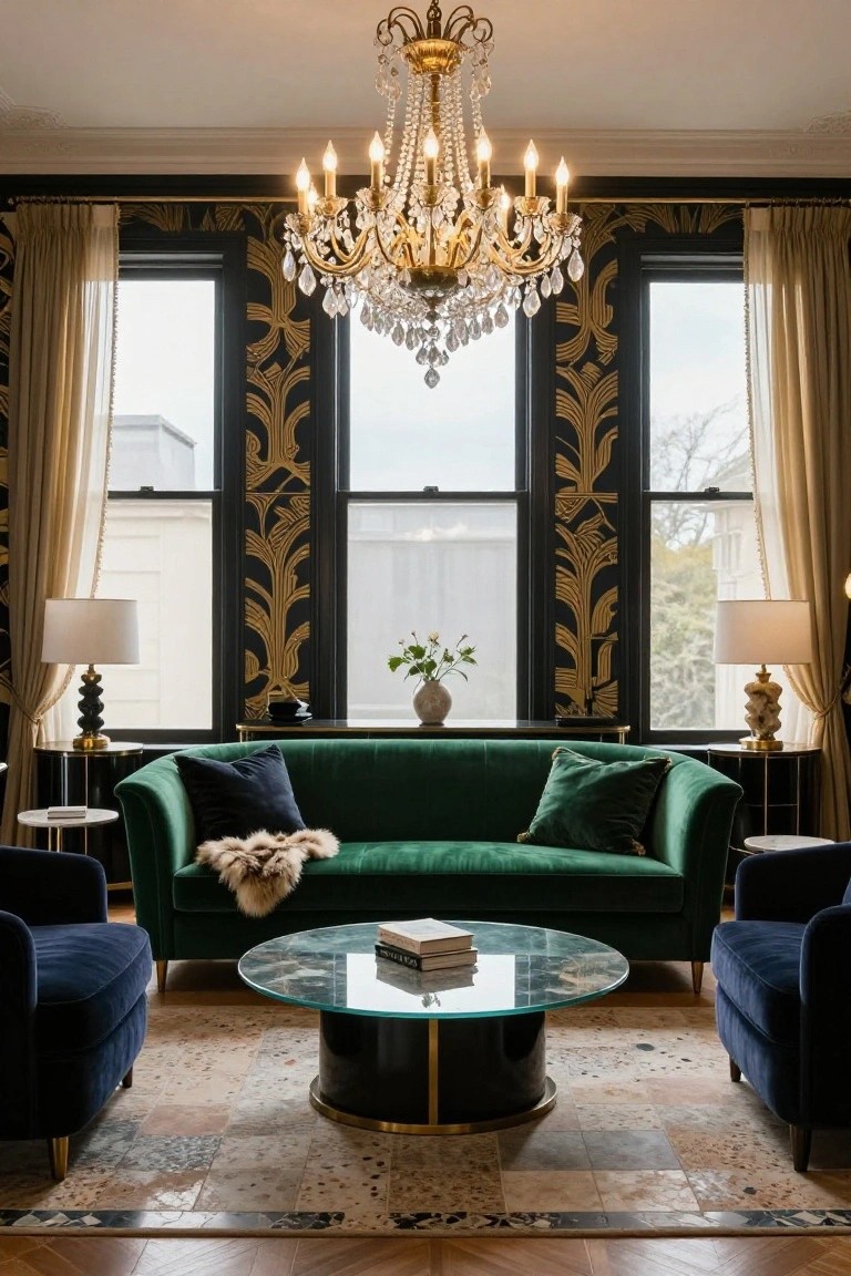 A formal living room with an emerald green velvet sofa centered on a patterned black and gold wallpapered wall, flanked by navy blue armchairs, a round glass coffee table, gold lamps, and a crystal chandelier overhead.