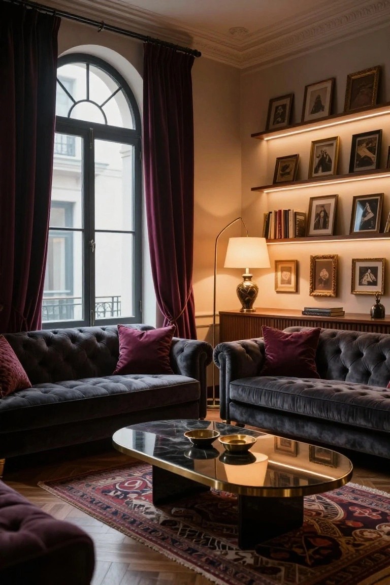 Living room interior with two facing dark gray tufted velvet sofas accented by purple pillows, a black marble and brass coffee table, deep burgundy curtains on a tall arched window, wooden shelves displaying framed artwork, a floor lamp, sideboard, and patterned rug on herringbone wood floors.