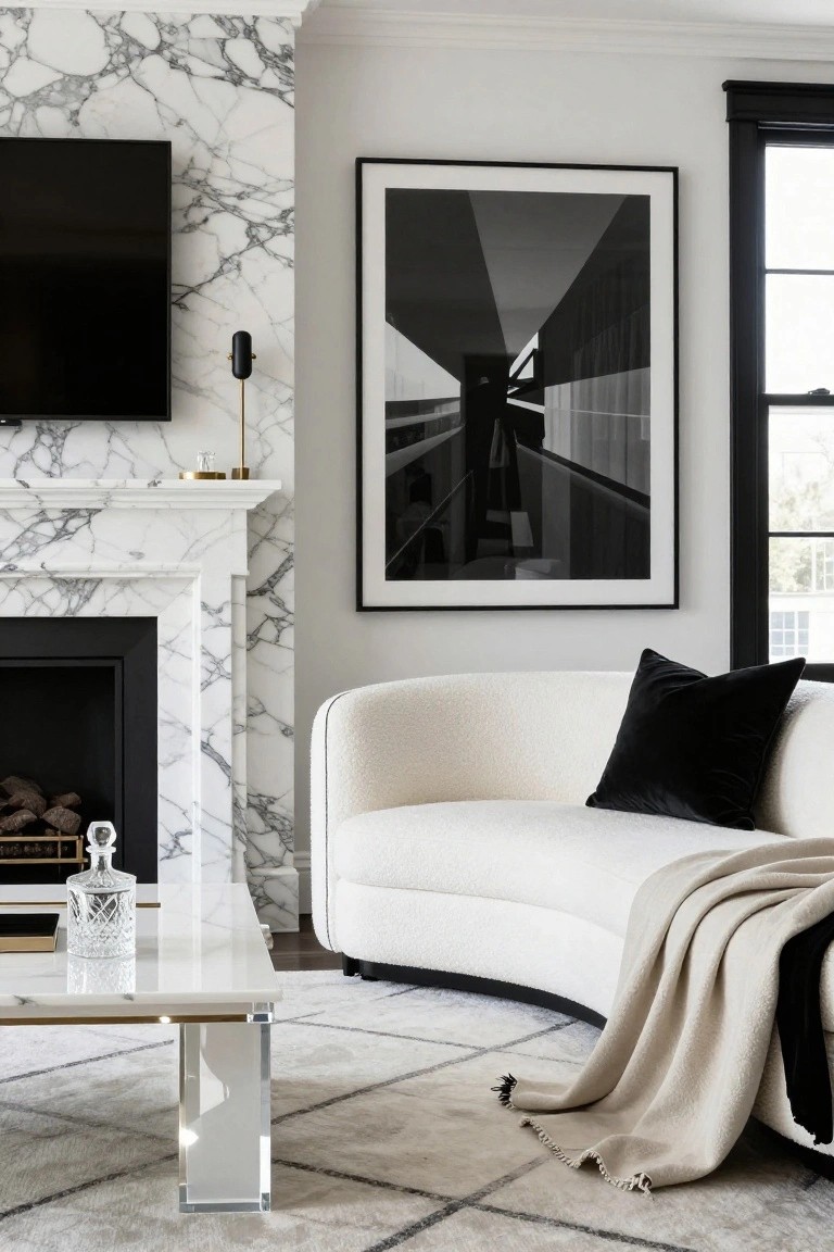 Modern living room with white veined marble fireplace wall and mantel, mounted TV above, curved cream bouclé sofa with black velvet pillow and cream throw, clear glass and white coffee table, large black and white abstract photograph on wall beside black-framed window, beige patterned rug on wood floor.
