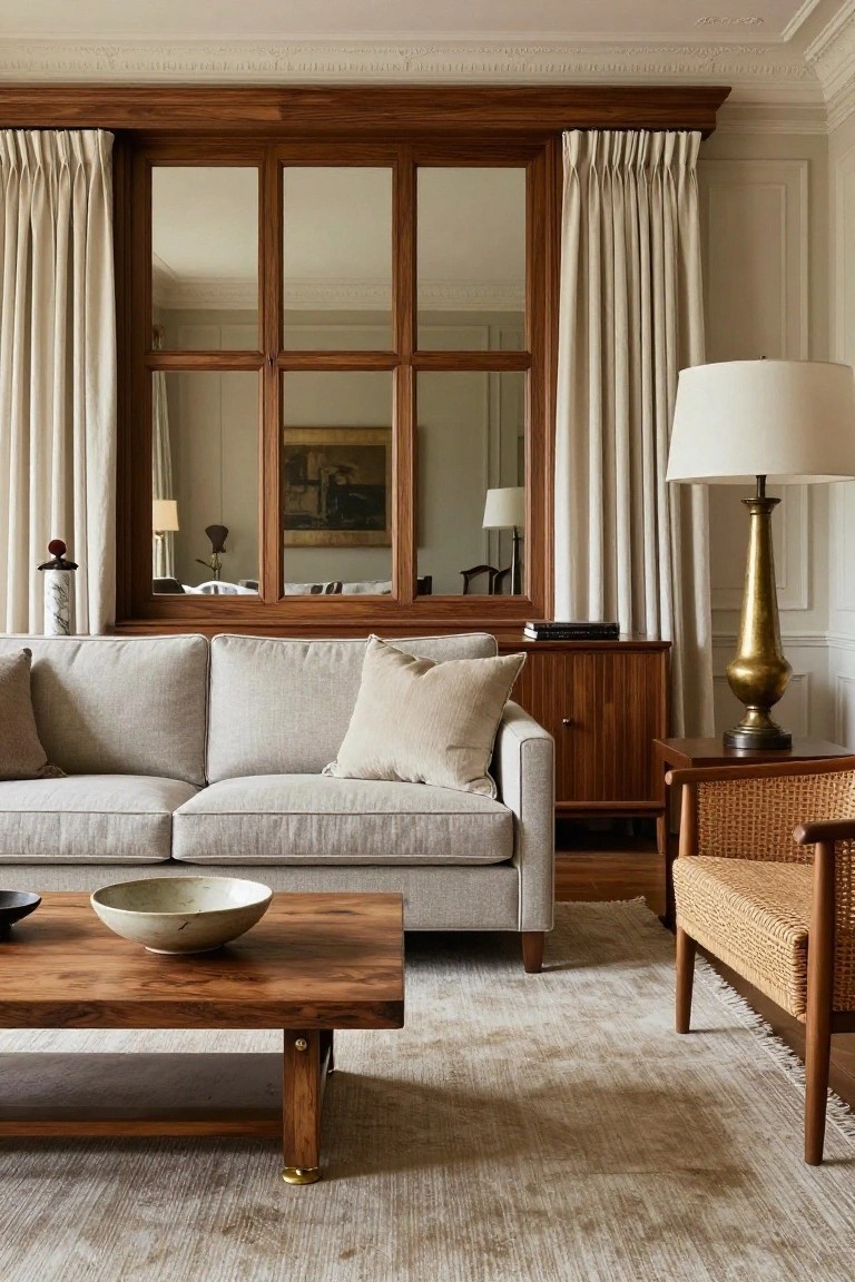 A living room with a large dark wood cabinet featuring nine glass and mirrored panels and doors along one wall, flanked by cream curtains, a beige linen sofa, wooden coffee table holding two ceramic bowls, brass floor lamp, wooden side table, rattan armchair, and light beige rug.