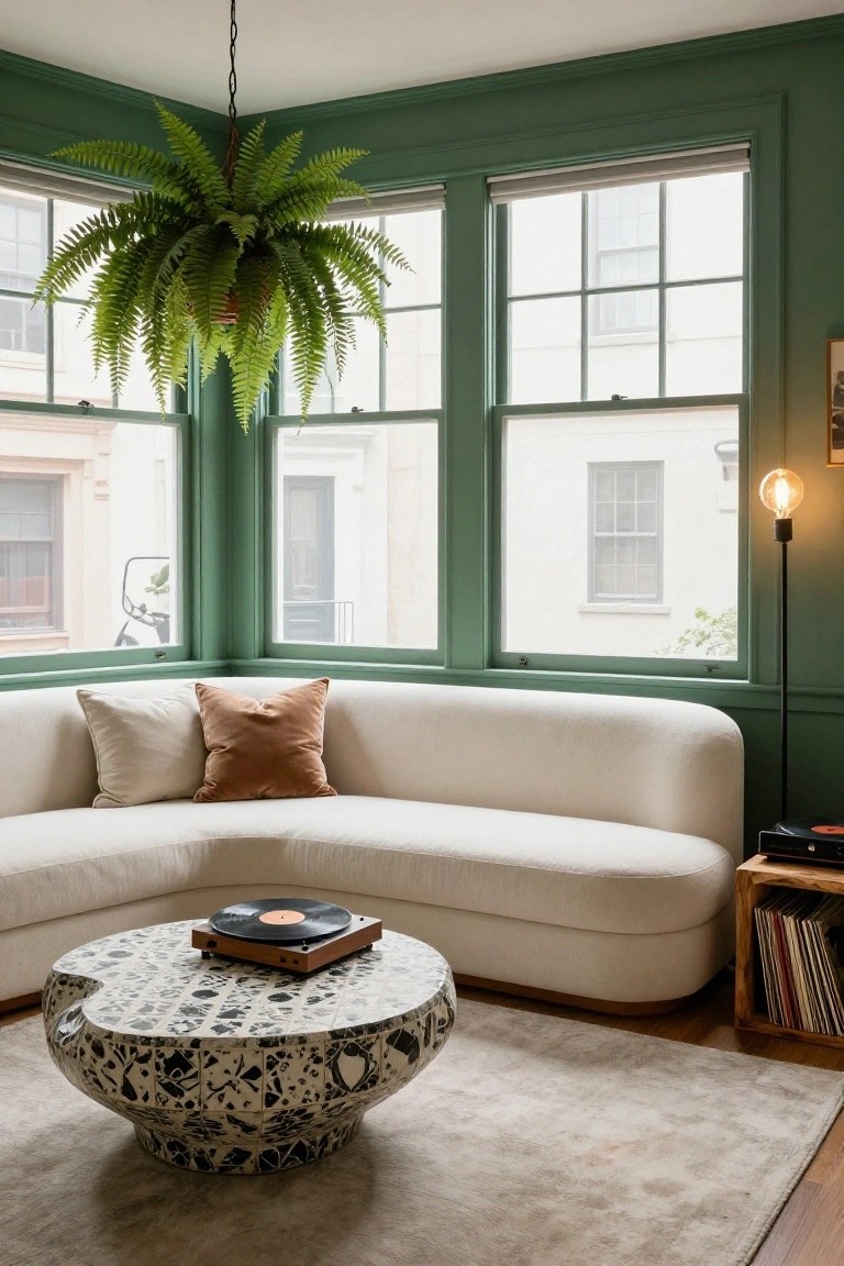Corner living room with emerald green walls and trim, curved white sofa with cream and rust pillows, black and white terrazzo coffee table holding a record player and vinyl record, hanging green fern plant, wood bookshelves with records, floor lamp, beige rug, and large windows with blinds overlooking brick buildings and street.