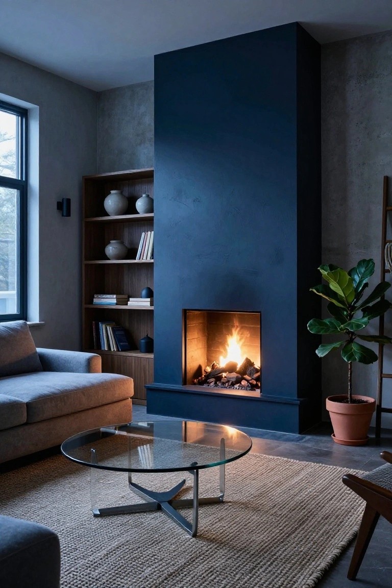 Modern living room with tall navy blue painted fireplace wall, burning fire, wood bookshelves with ceramics and books, gray sofa, glass coffee table on rug, and potted fiddle leaf fig plant.