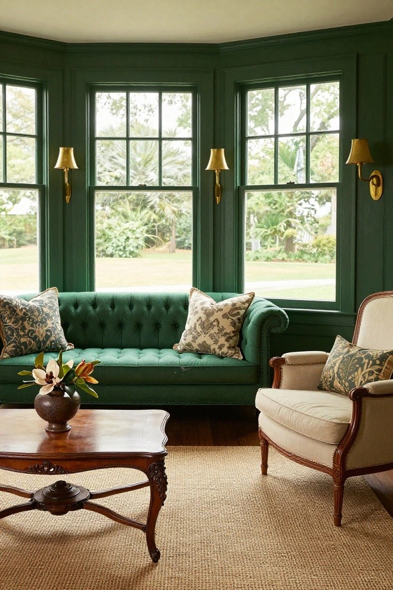 Bay window living room with emerald green walls and trim, green tufted sofa with patterned pillows, cream armchair, wooden coffee table with flower arrangement, gold wall sconces, and view of green lawn and palms outside.