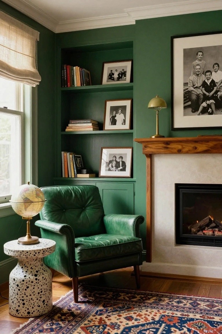 Emerald green painted built-in bookcases flanking a wood-trimmed fireplace in a living room, with a matching green leather armchair, globe lamp on a side table, and various framed black-and-white photos on shelves.