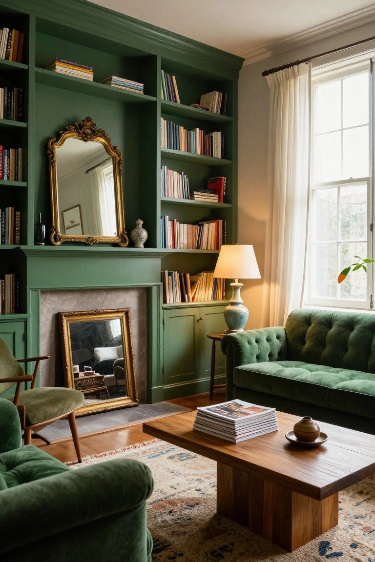 Living room with emerald green floor-to-ceiling built-in bookshelves, stone fireplace flanked by cabinets, two gold-framed mirrors, green velvet sofas and chairs, wooden coffee table, and large window with sheer curtains.
