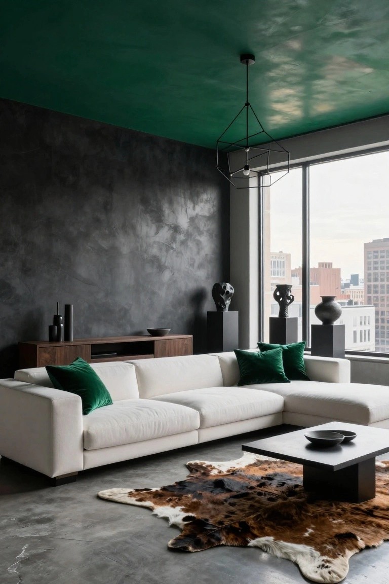 Modern living room featuring an emerald green ceiling, dark textured walls, white L-shaped sofa with green velvet pillows, wooden media cabinet, black sculptures and vases, cowhide rug, black coffee table, and large window with city view.