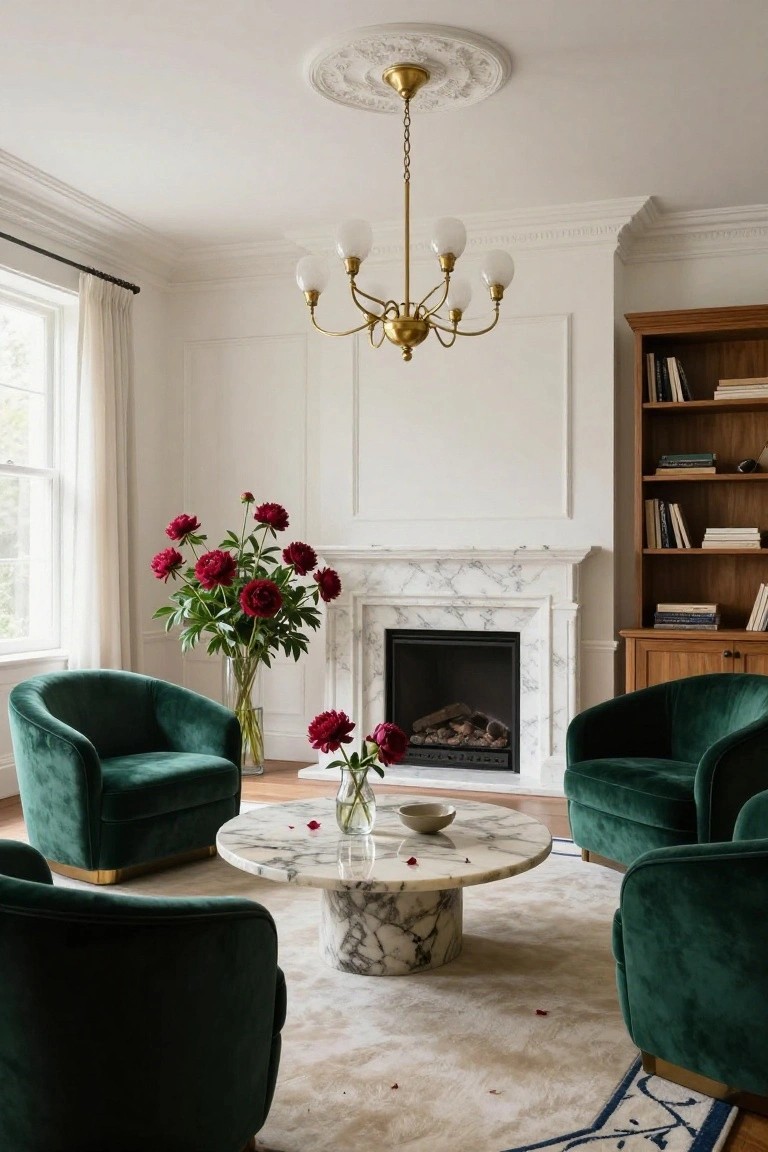 Living room with four emerald green velvet armchairs arranged around a white marble coffee table, marble fireplace with red peonies nearby, gold chandelier overhead, white walls with paneling, wooden bookshelves, and a beige rug.