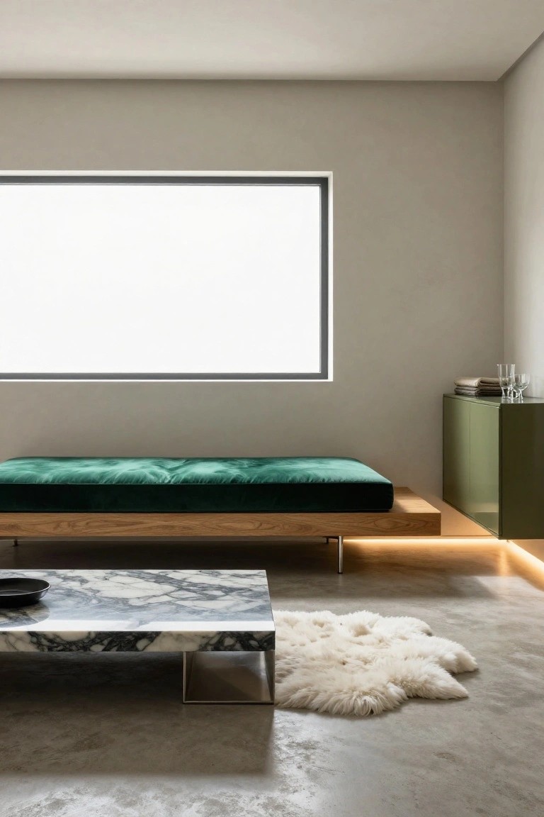 Modern lounge room featuring an emerald green velvet daybed on a wooden platform, white marble coffee table with black plate, white sheepskin rug, green cabinet with glasses and linens, beige walls, large window, and polished concrete floor.