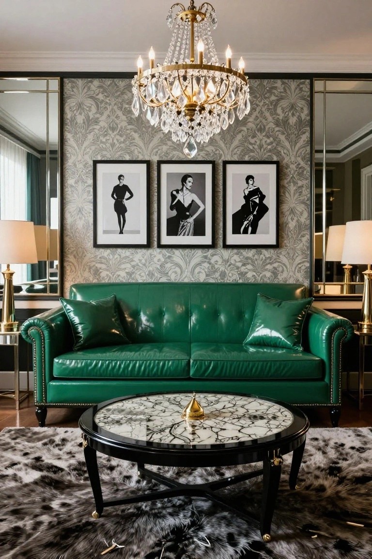 Luxurious living room with emerald green tufted leather sofa, gray damask wallpaper, three black and white framed photos, crystal chandelier, two table lamps, marble coffee table, and shag rug.
